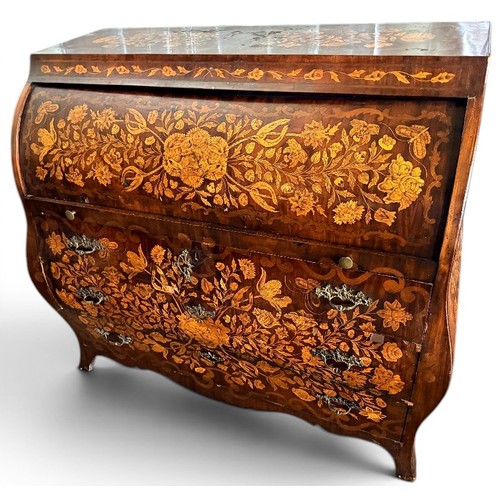 575 - A Dutch mahogany and marquetry inlaid bombe cylinder bureau, decorated throughout with intricate flo... 