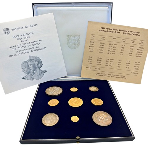 A 1972 Bailiwick of Jersey Royal Silver Wedding Anniversary gold and silver nine-coin set.