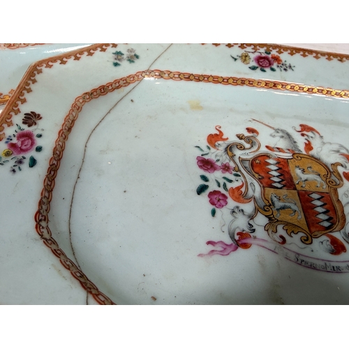 49 - Two 18th century Cantonese export armorial dishes of canted rectangular form (AF). 28cm maximum widt... 