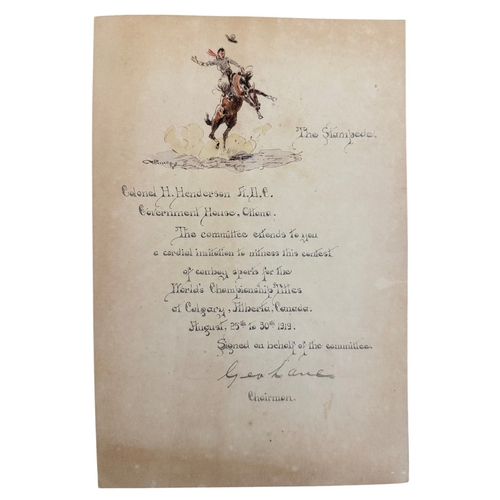 Charles Marion Russell (American, 1864-1926) - An illustrated invitation letter addressed to Colonel H. Henderson A.D.C. to the 1919 Victory Stampede in Calgary, Alberta, Canada, with an illustration of a bucking bronco and rider above by Russell and signed 'C M Russell' with the artist's skull device, accompanied by finely executed calligraphic lettering and signed below by George Lane, Chairman to the organising committee.

The present letter reads: 
'Colonel H. Henderson A.D.C. Government House, Ottawa. The committee extends to you a cordial invitation to witness this contest of cowboy sports for the World's Championship Titles at Calgary, Alberta, Canada. August, 25th to 30th 1919. Signed on behalf of the committee. Geo lane, Chairman.'

Dimensions: 24.6 x 16.5 cm

Provenance: Belonging to a private collection and family who acquired the present letter while residing in Canada in the 1950s. 

Charles M. Russell was one of the defining artists of the American West and often regarded as the foremost interpreter of the Western experience - celebrated for his vivid paintings and drawings of cowboys, Indigenous peoples, ranch life and the rapidly vanishing frontier. Russell exhibited at the inaugural Calgary Stampede in 1912, where his work enjoyed remarkable success, and returned in 1919 at the invitation of promoter Guy Weadick for the Victory Stampede where he created original illustrated correspondence and promotional artwork. He and Nancy Russell mounted an exhibition of 24 paintings and 8 bronzes, making it one of the earliest major fine art exhibitions associated with a rodeo.

The present letter is believed to be addressed to Lieutenant Colonel Harold Greenwood Henderson ADC (Aide-de-Camp), one of the military aides stationed at Rideau Hall (Government House) to Victor Cavendish, 9th Duke of Devonshire and Governor General of Canada 1916-1921. The present letter is signed by George Lane, Chairman of the 1919 Victory Stampede organising committee and known as one of Calgary's 'Big Four' cattle barons who financed the Stampede. 

The invitations formed part of the Victory Stampede committee's extensive campaign to attract prominent Canadian, British and American figures, including the Prince of Wales, the Duke of Connaught, Princess Patricia and the Duke of Devonshire, Governor General of Canada. The present invitation reflects the organisers' deliberate effort to associate the Stampede with Canada's political, military and imperial establishment.
