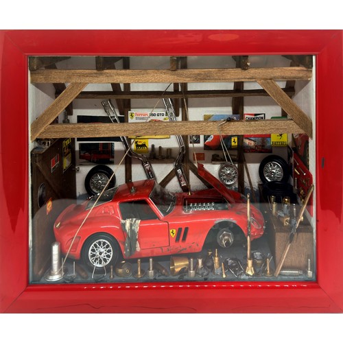 Of motoring interest: Ferrari 250 GTO, a case-framed Diorama by Patrick Richard of La Ruée vers l’Art, labelled verso, 21 x 27cm 


"This handmade, fine scale (1/43rd) model garage diorama is a unique three-dimensional scene created by Patrick Richard at his studio La Ruee vers l'Art (The Rush to Art) in Barbizon, France. Each piece is handmade to order with meticulous attention to detail, placing objects where they should be, and his dioramas are highly collected worldwide.

The Ferrari 250 GTO is produced from 1962 to 1964. It was powered by Ferrari’s Tipo 168/62 Colombo V12 engine. The “250” in its name denotes the displacement in cubic centimetres of each of its cylinders; “GTO” stands for Gran Turismo Omologato, Italian for “Grand Touring Homologated.”

Just 36 of the 250 GTOs were manufactured between 1962 and 1964. When new, the 250 GTO cost $18,000 in the United States. This model has since become highly desired by automobile collectors and sales have repeatedly set price records. The current record for world’s most expensive car was set in June 2018 when a 1963 250 GTO (chassis 4153GT) was sold in a private sale for $70 million.

In 2004, Sports Car International placed the 250 GTO eighth on a list of Top Sports Cars of the 1960s, and nominated it the top sports car of all time. Similarly, Motor Trend Classic placed the 250 GTO first on a list of the “Greatest Ferraris of All Time.”. Popular Mechanics named it the “Hottest Car of All Time.”"
"27cm W
21cm H"
