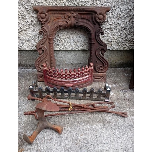 38 - Victorian Cast Iron Fire Front, fire irons and others metal wares