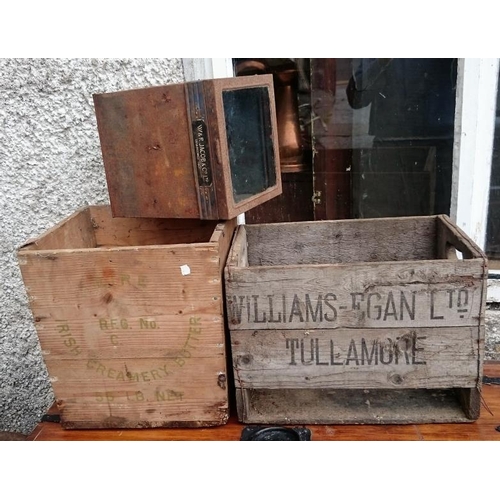 51 - Irish Creamery Butter Bow, a William Egan Tullamore Crate and a Jacob's Glass Top Biscuit Tin