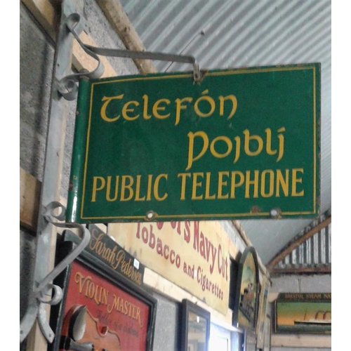 191 - Post Office 'Public Telephone' Double Sided Enamel Sign with Original Bracket