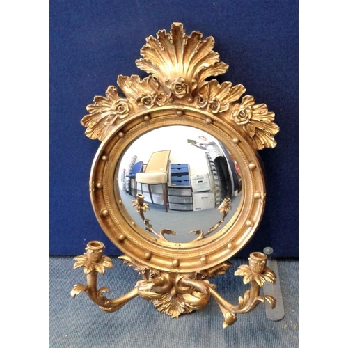 269 - Very Ornate, Gilt Framed Convex Mirror with Candle Sconces