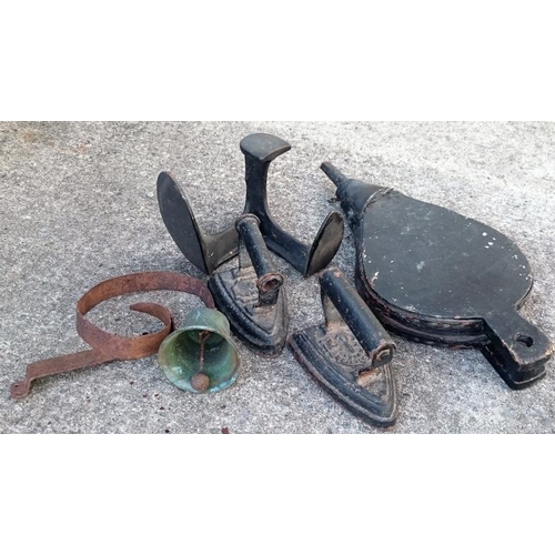 62 - A Servant's Bell, a Cobbler's Shoe Last, a Fire Bellows and Two Vintage Clothes Irons