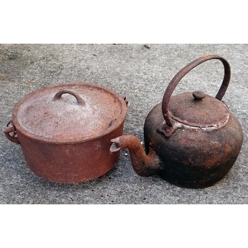 91 - Victorian Cast Iron Kettle and a 9in Pot with Lid