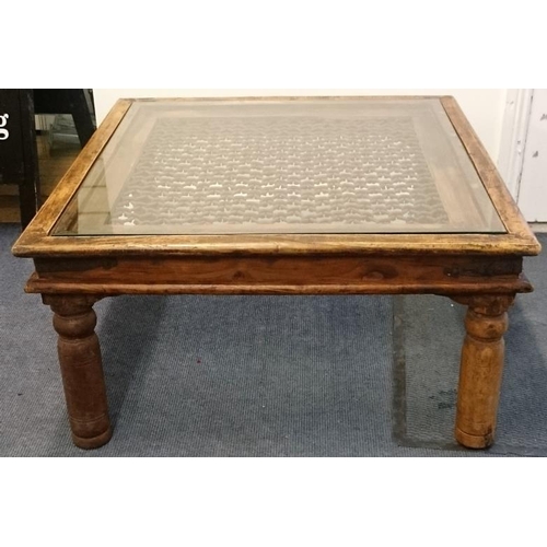 585 - Mexican Pine Square Coffee Table with heavy mesh panel and glass top c.31in x 31in