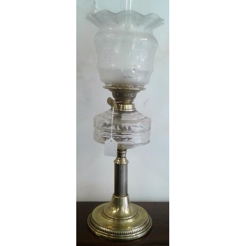 589 - Oil Lamp with Clear Glass Bowl and Etched Glass Shade on Brass Base