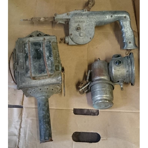 58 - Carbide Lamp, Pagoda Top Coach Lamp and a Rawl Plug Mechanical Hammer