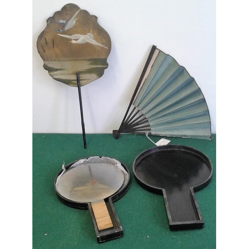 505 - Japanese Mirror in Lacquered Box together with a Rigid Papier Mache Fan, and a Japanese Paper Fan