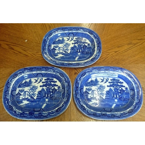 520 - Three Flow-Blue Willow Pattern Serving Dishes by Tunstall, each c.15.5in x 12.5in