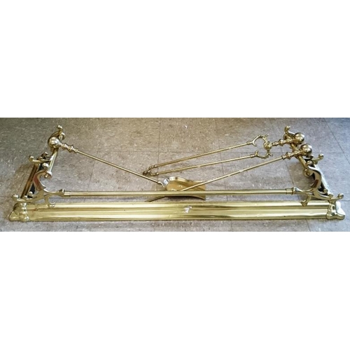 559 - Victorian Brass Fire Fender (52in wide) and a set of Three Brass Fire Irons