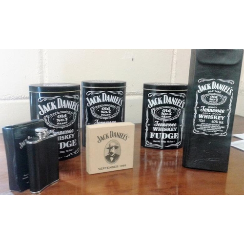 35 - 'Jack Daniels Old Time Whiskey' Collection Hip Flask, Three Tins, Leather Style Bottle Holder and Wo... 