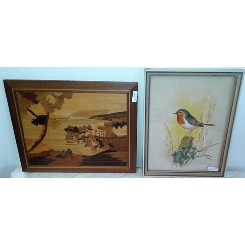 492 - Framed WC of a Robin on a Tree Stump, signed Paul A. Nicholas and an Inlaid Plaque