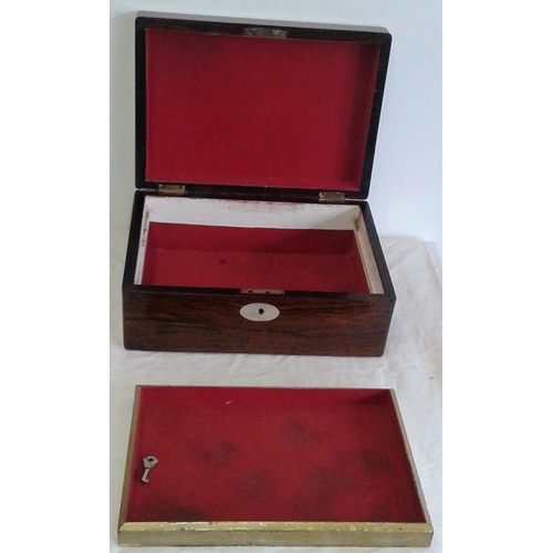 504 - Old Mahogany Jewellery/Writing Box with Mother of Pearl Inlay (with key)