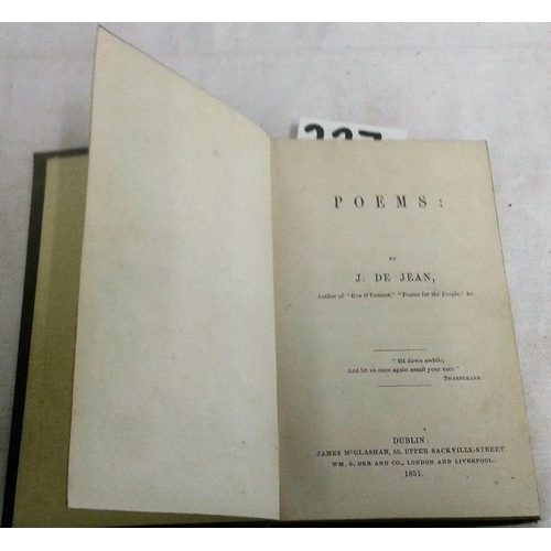 469 - Poems  by J.  De Jean.  DUBLIN. 1851. velvet binding. John de Jean Frazer was born in Birr in 1804.