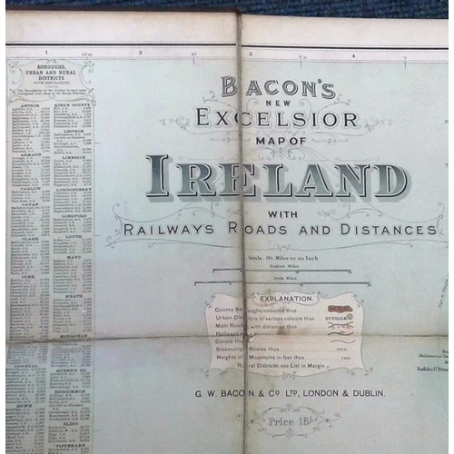 511 - Bacon’s Excelsior Map of Ireland with Railways etc. London. circa 1900. Large folding map