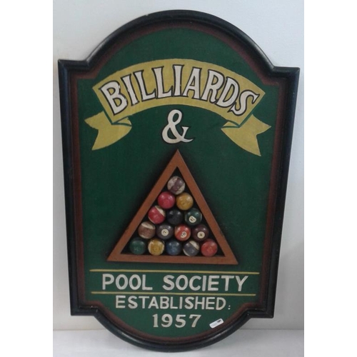 102 - Wooden Advertising Sign - 'Billiards & Pool Society'  - c. 37 x 53cm