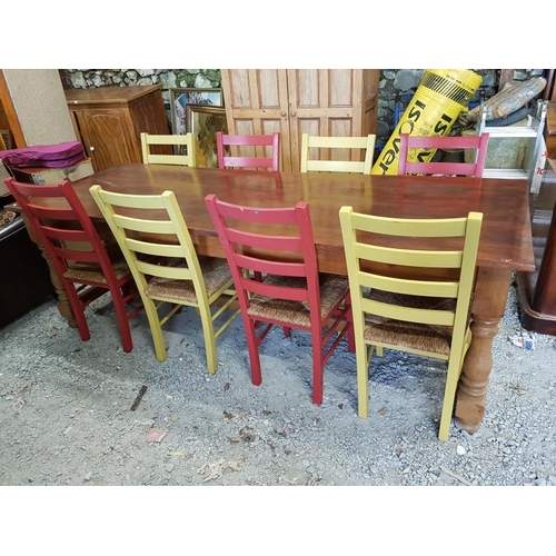36 - Large Pine Farmhouse Kitchen Table (8ft x 3ft) and Eight Painted Chairs with rush seats