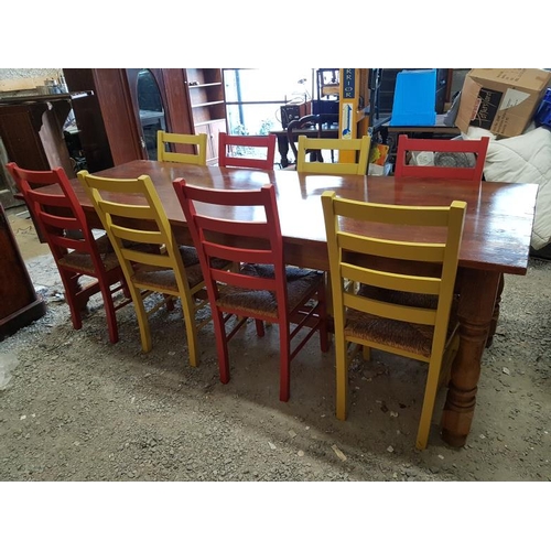 36 - Large Pine Farmhouse Kitchen Table (8ft x 3ft) and Eight Painted Chairs with rush seats