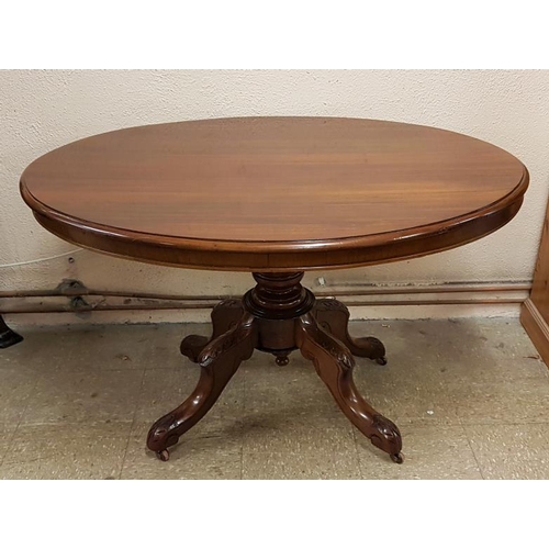 456 - Fine Quality Mahogany Tilt Top Breakfast Table, the Oval top on a Turned Column and Four Carved and ... 