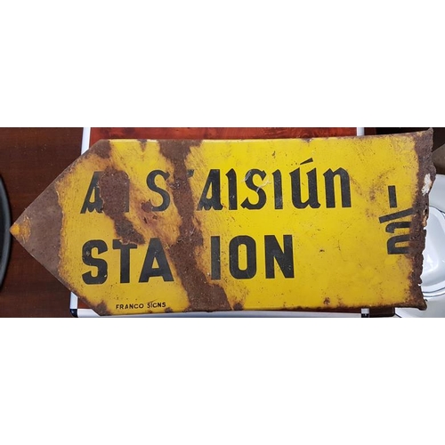 181 - Yellow 'Station' Road Sign in Irish and English, c.24in x 10in