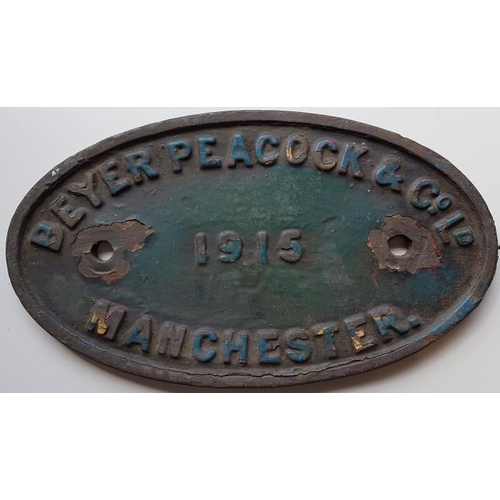 174 - Loco Maker's Plate, Beyer Peacock and Company 1915 Manchester, 10in x 6in, cast iron