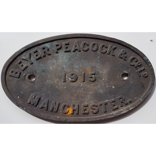 486 - Loco Maker's Plate, Beyer Peacock and Company 1915 Manchester, 10in x 6in, cast iron