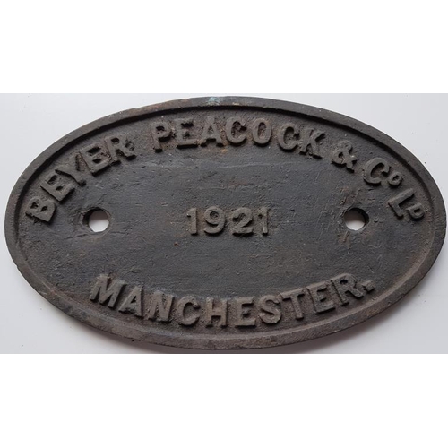 493 - Loco Maker's Plate, Beyer Peacock and Company 1921 Manchester, cast iron - 10 x 6ins
