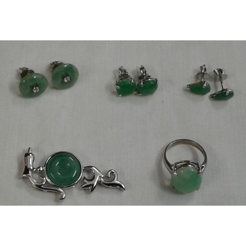 596 - Three Pairs of Jade and Silver Earings, Ring and Pendant