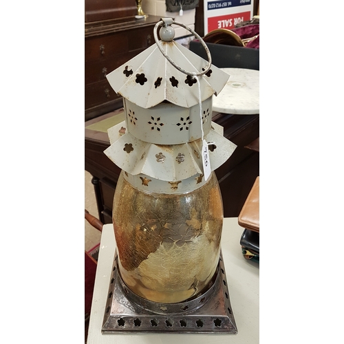 645 - Vintage Chimney Style Lantern with Gold Crackle Glaze Glass and Copper Base - 18ins high