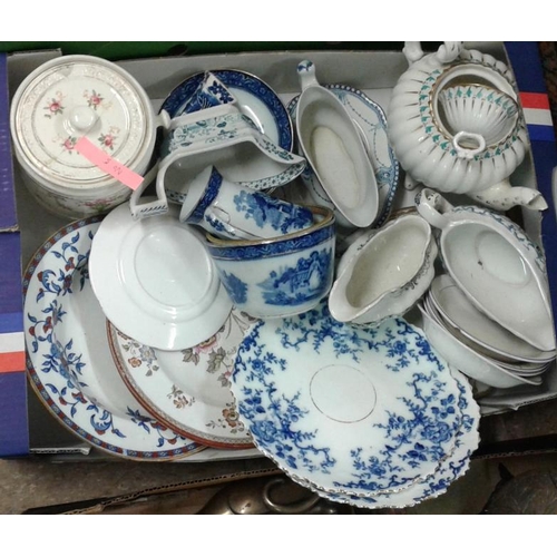 651 - Box Lot to include Sauce Boats, Old Victorian Plates, etc.