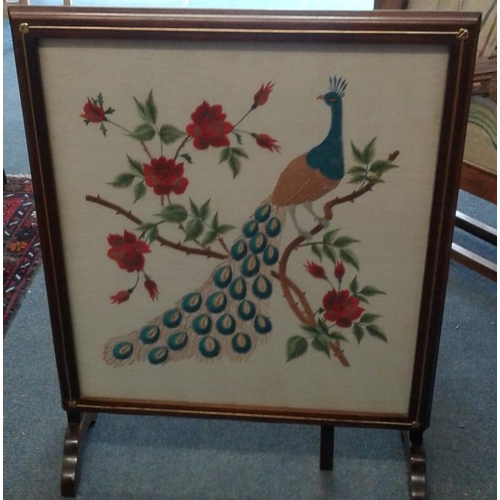 669 - Vintage Oak Fire Guard with Hand Embroidered 'Peacock' Panel - can be adjusted to become a side tabl... 