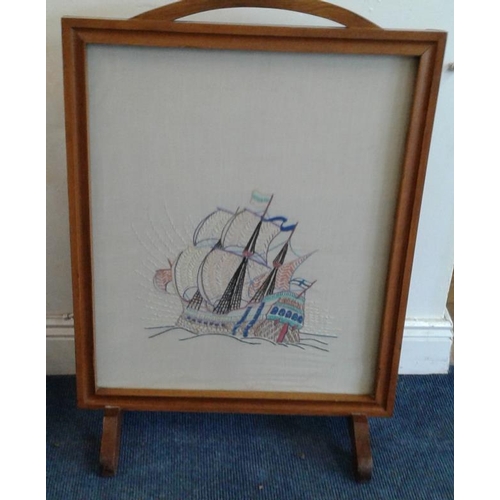 682 - Wooden Framed Fire Screen with sailing ship panel