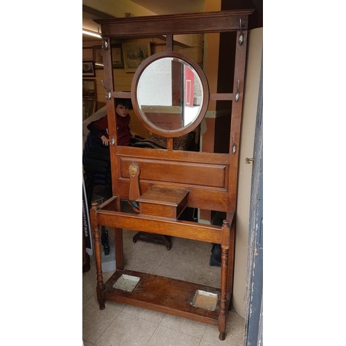 37 - Edwardian Oak Hallstand with bevelled vanity mirror and glove box, c.39in wide, 76.5in tall