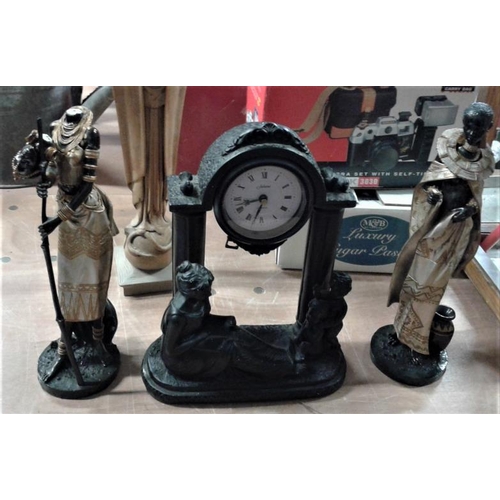 39 - Mantle Clock and Two Statues of African Ladies (A/F)