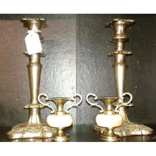 59 - Pair of Silver Plated Candlesticks and a Pair of Miniature Cups/Vases