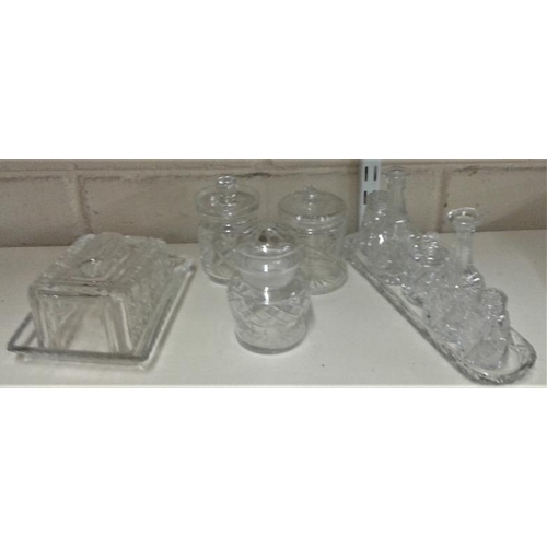 249 - Unusual Oblong Cut Glass Cruet Set on Tray, a Covered Butter Dish, Two Crystal Glasss Jam Pots and a... 