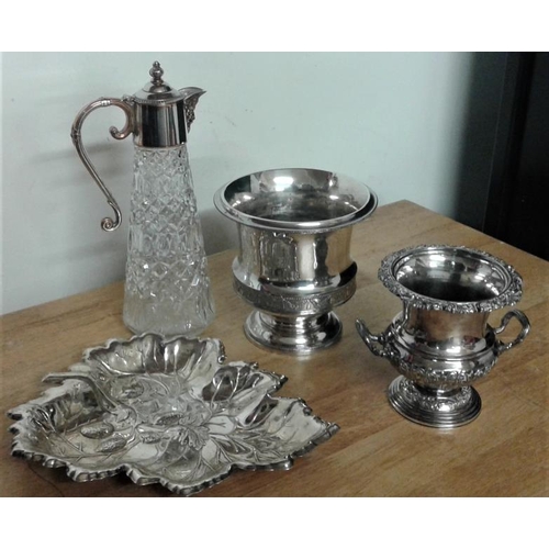 262 - Claret Jug, Strawberry Leaf Dish, Two Small Silver Plate Wine Coolers