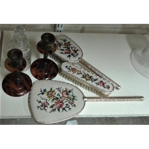 268 - Petit Point Dressing Table Set, Scent Bottle and Candlesticks