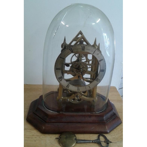 290 - Brass Skeleton Clock, by Coleman & Chapman, Castle St. & Church St., Liverpool under a glass dome