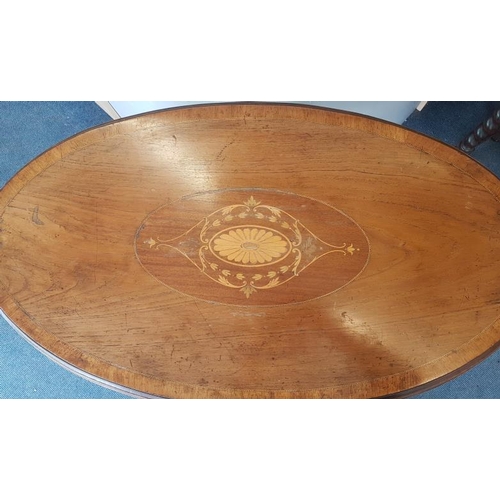 566 - Edwardian Inlaid Oval Top Occasional Table on an Oak Barley Twist Support Base, c.36in wide