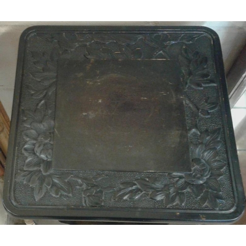 580 - Ebonised Mahogany Plant Stand with Carved Top and Second Shelf, c.13.5in wide, 30in tall