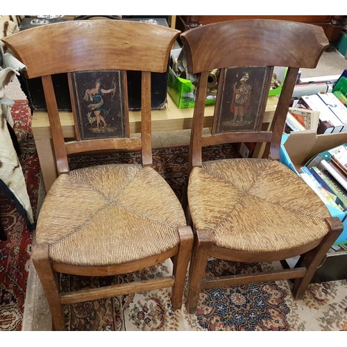 641 - Pair of 19th Century Walnut Rush Seat Chairs with Handpainted Panels depicting Roman Figures