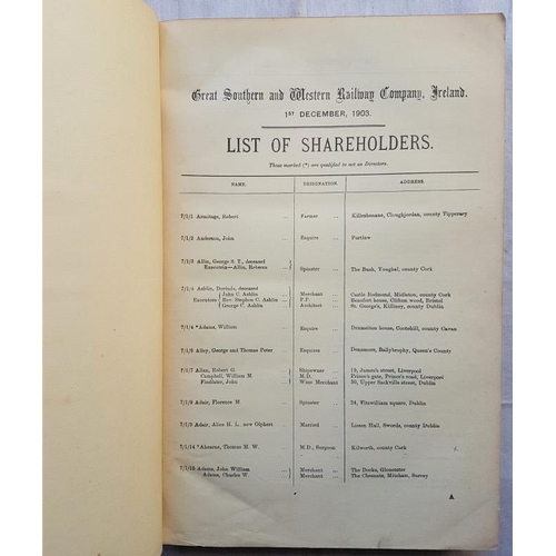 74 - Great Southern and Western Railway Company, Ireland. List of Shareholders.  December 1903. Dublin, T... 