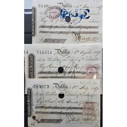 251 - County Tipperary Interest - 1857 Nenagh, Clonmel and Roscrea - 3 clean Bank of Ireland cheques beari... 