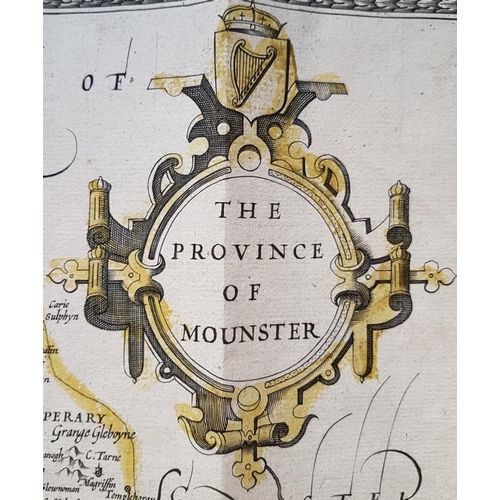 304 - 1610 Hand Coloured Map 'The Province of Mounster' with Detail of 'Corke' and 'Lymericke' - Unframed