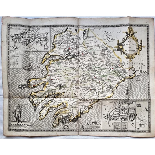 304 - 1610 Hand Coloured Map 'The Province of Mounster' with Detail of 'Corke' and 'Lymericke' - Unframed