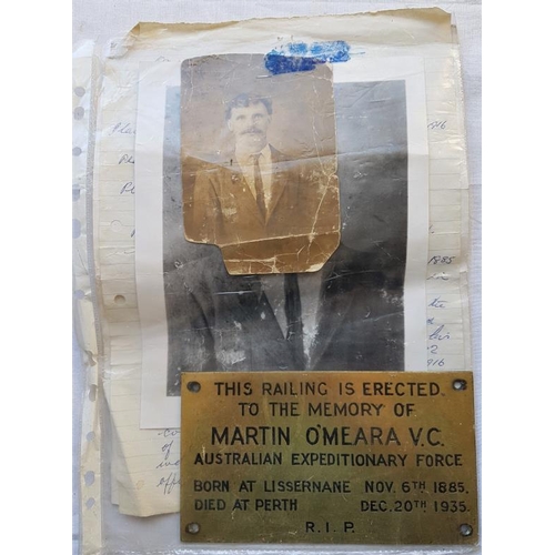 476 - Brass Plaque to Martin O'Meara V.C. Australian Expeditionary Force. Born at Lissernane 1855 plus ass... 